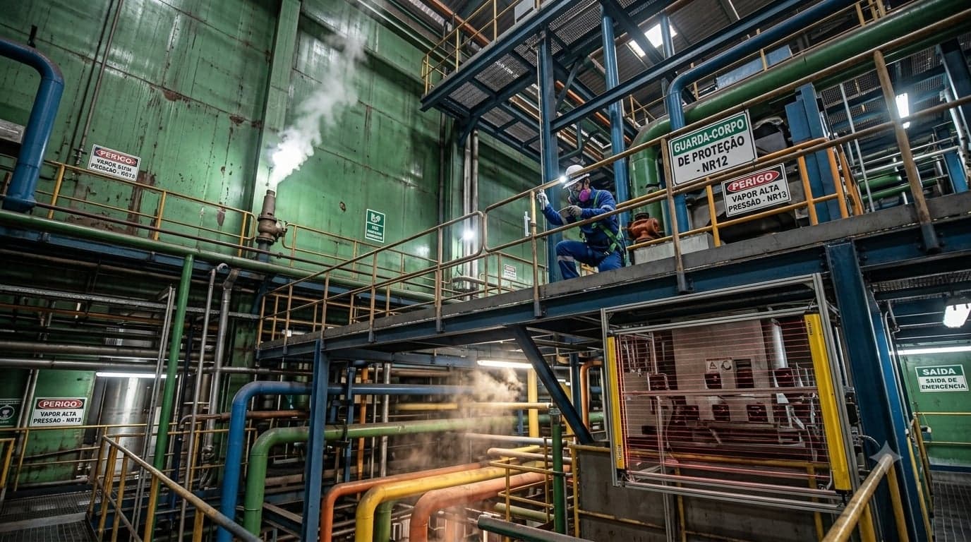 Imagem conceitual ilustrativa de inspeção industrial com referência às normas NR-12 e NR-13 — gerada por IA, não é registro fotográfico de operação da Engesafe