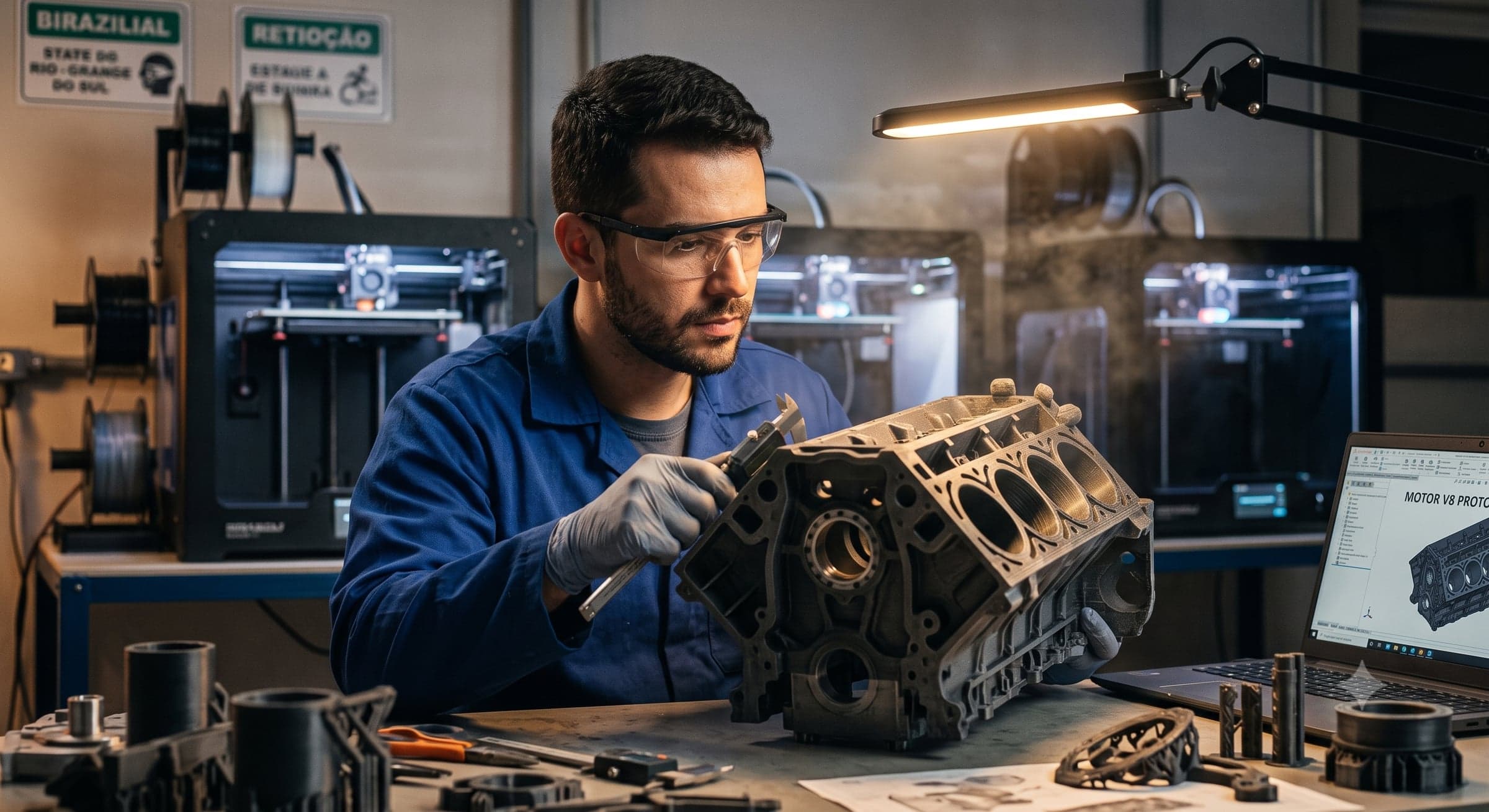 Imagem conceitual ilustrativa de prototipagem de peça por impressão 3D — gerada por IA, não é registro fotográfico de operação da Engesafe