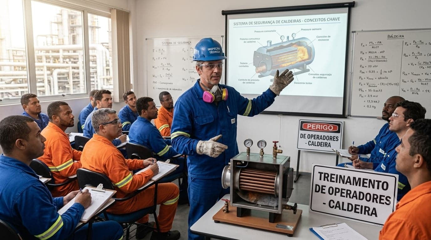 Imagem conceitual ilustrativa de treinamento em sala de aula sobre segurança de caldeiras — gerada por IA, não é registro fotográfico de operação da Engesafe